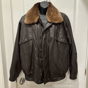 Men's Brown Leather Bomber Jacket with Fur Collar